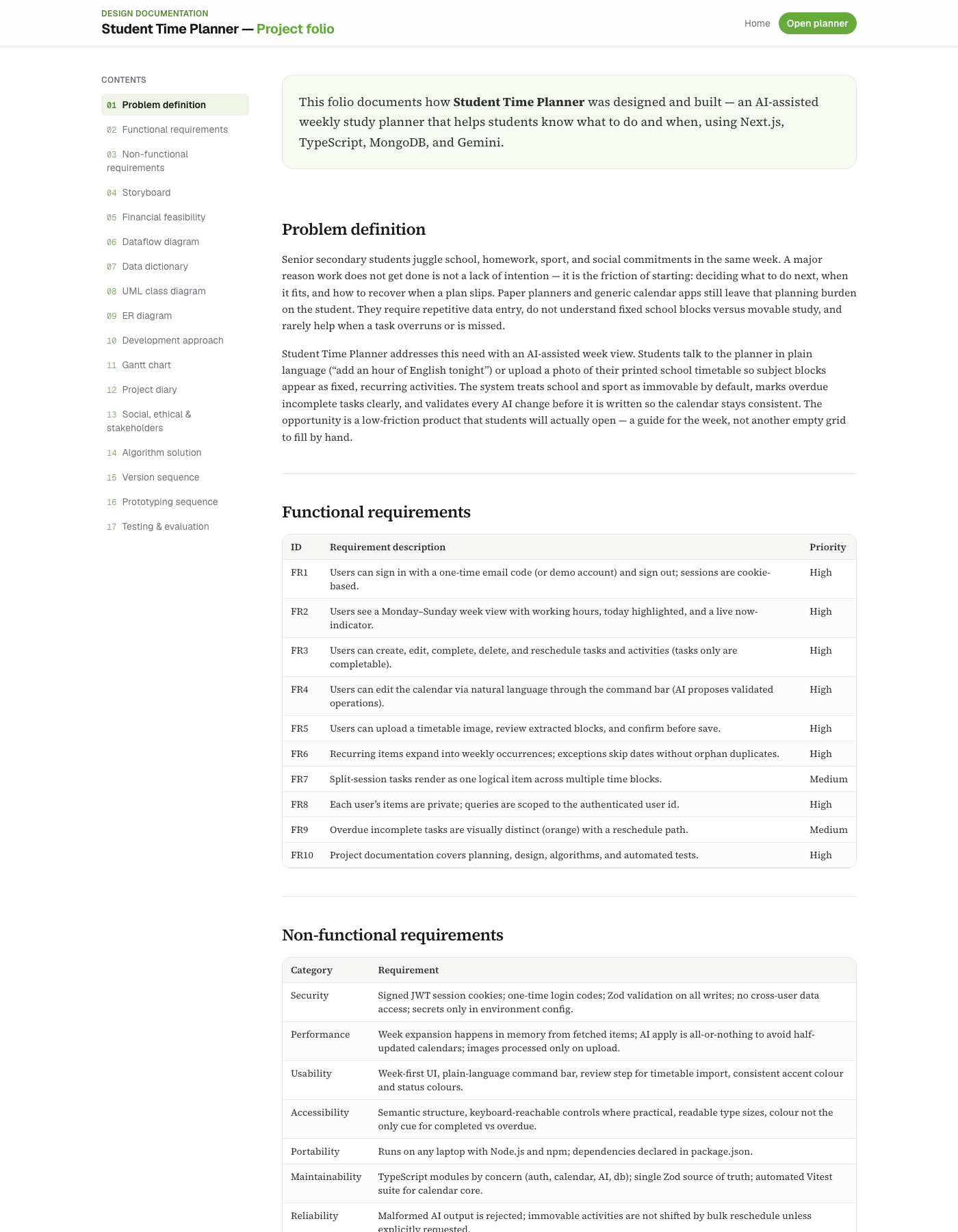 Assessment folio page showing documentation sections and diagrams for the software engineering project.