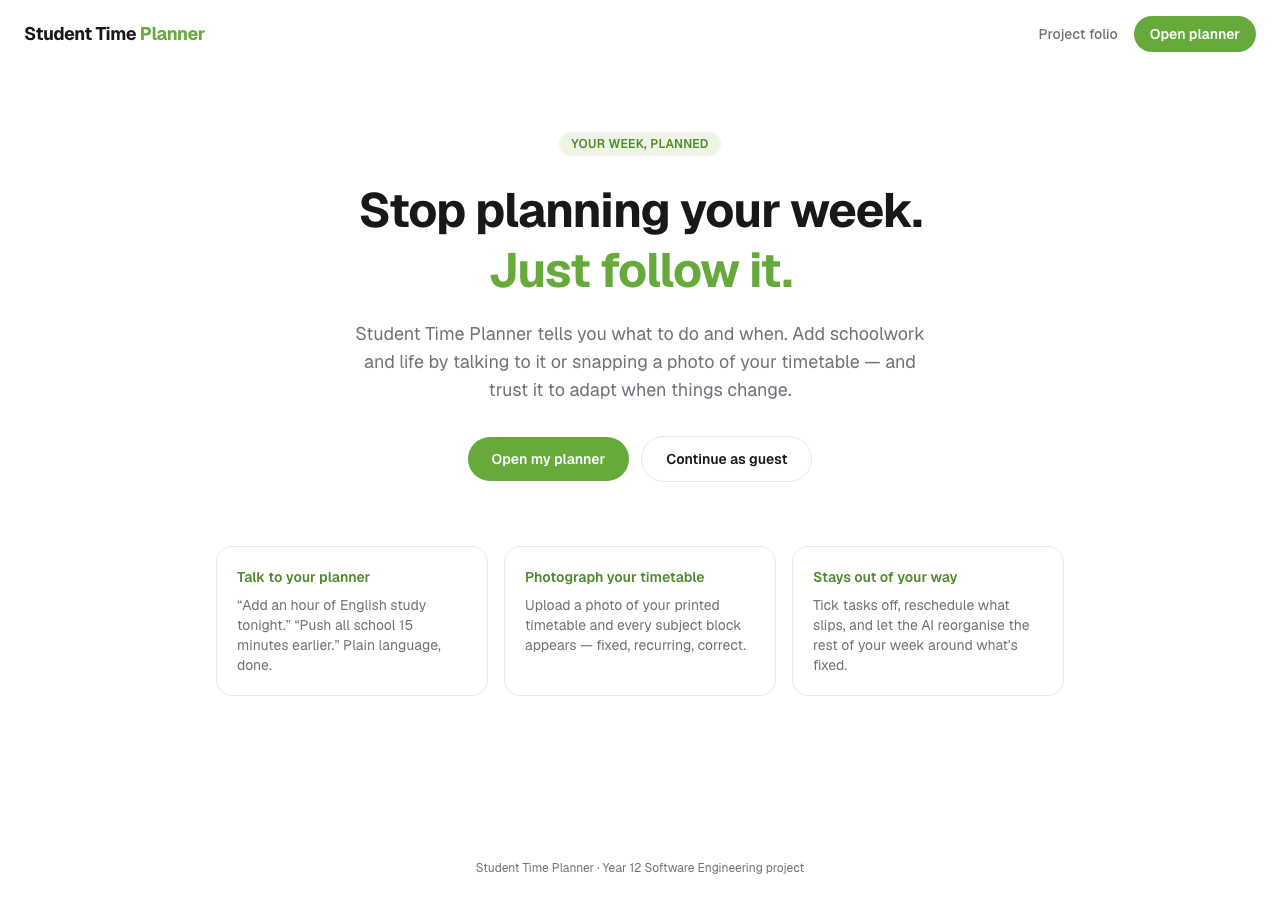 Student Time Planner landing page with headline Stop planning your week. Just follow it., Open my planner and Continue as guest buttons, and three feature cards.