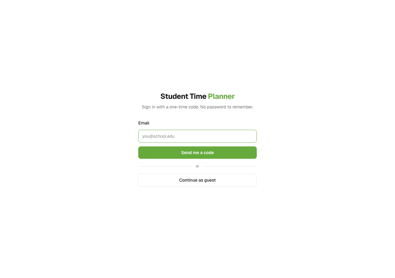 Sign-in screen with email field, Send me a code button, and Continue as guest option.