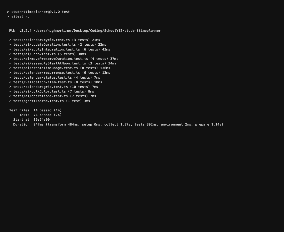 Terminal output of npm test showing 14 test files and 74 tests all passed.