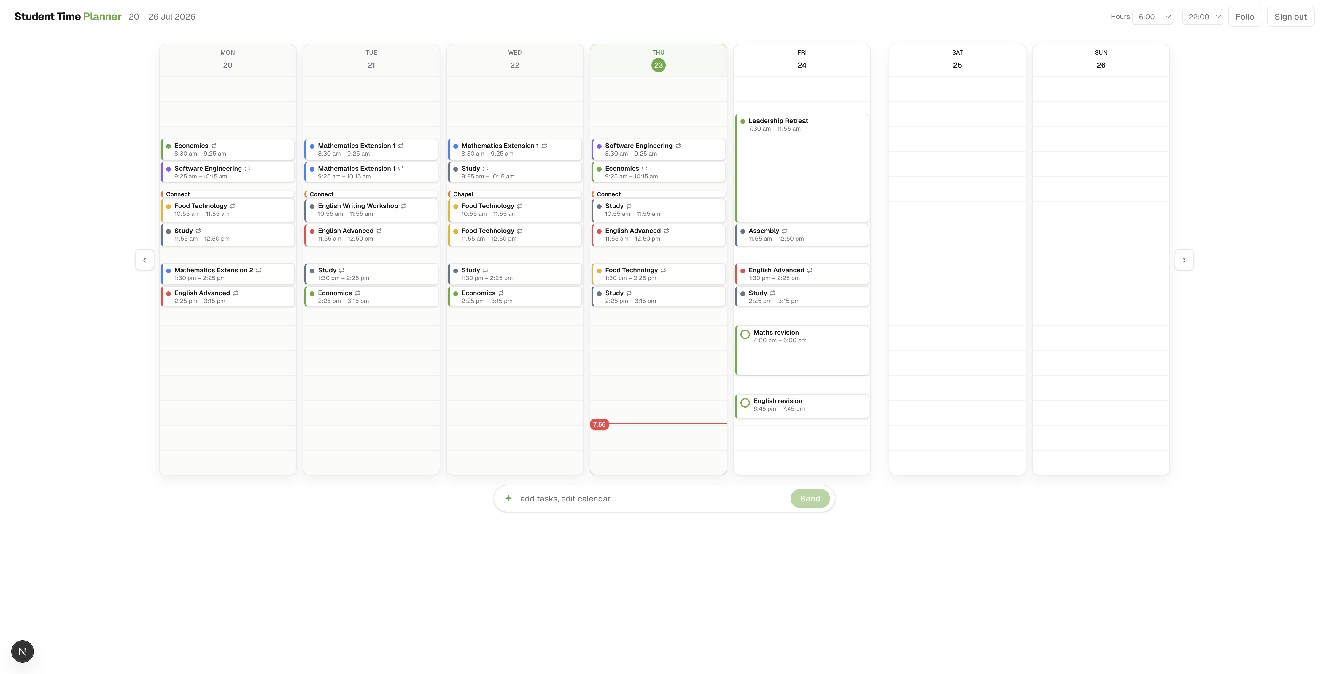 Live week view for 20–26 Jul 2026: seven day columns with school subject blocks, Thursday highlighted with a now-indicator at 7:56, hours range 8:00–22:00, and the command bar at the bottom reading add tasks, edit calendar.